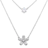 Sterling Silver Rhodium Plated Double Chain CZ And Hibiscus Flower .925 Necklace