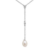Sterling Silver Rhodium Plated CZ Drop Fresh Water Pearl Necklace