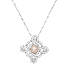 Load image into Gallery viewer, Sterling Silver Rhodium Plated CZ Encrusted Outline Cross with Fresh Water Pearl Necklace