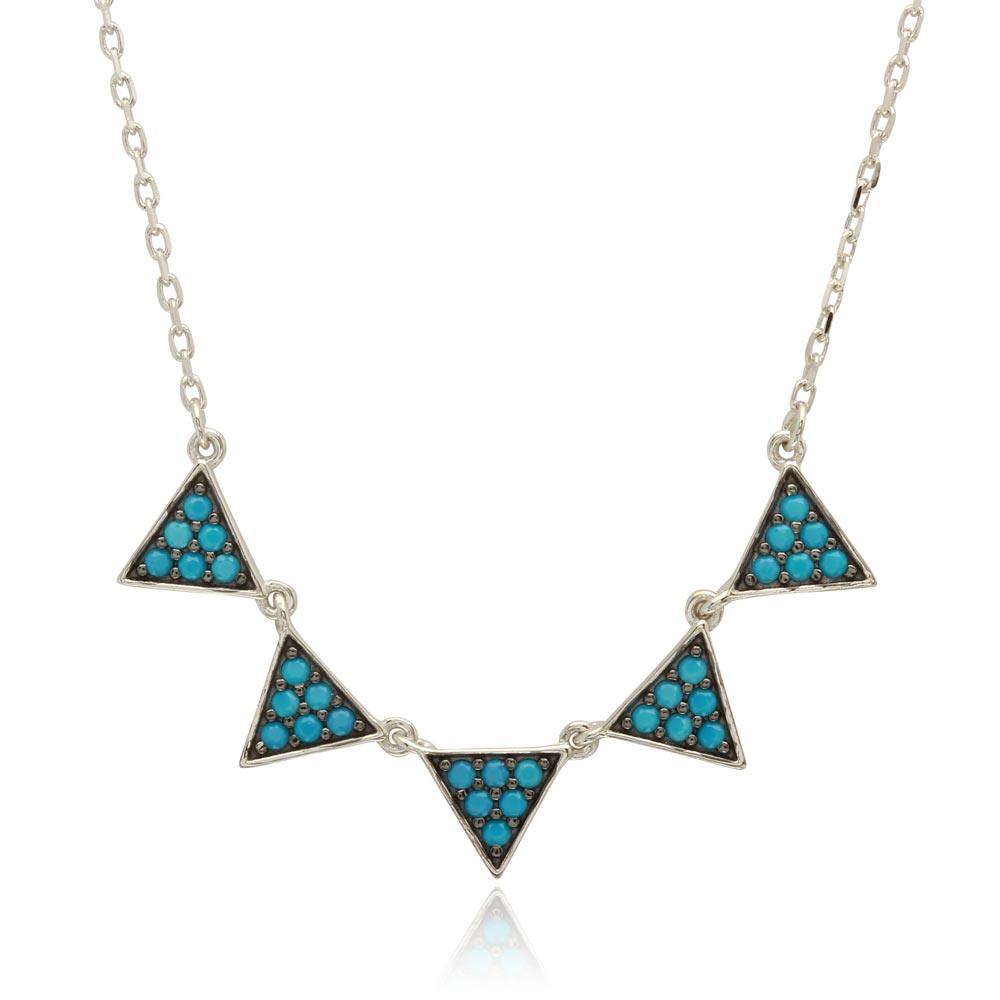 Sterling Silver Rhodium Plated 5 Triangles with Turquoise Bead Necklace