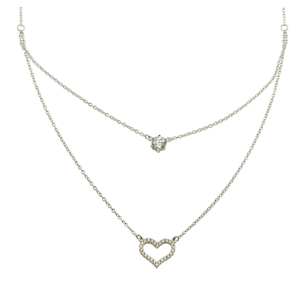 Sterling Silver Rhodium Plated Double Chain Heart Necklace with CZ