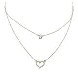 Sterling Silver Rhodium Plated Double Chain Heart Necklace with CZ