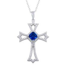 Load image into Gallery viewer, Sterling Silver Rhodium Plated Blue CZ Center Open CZ Cross Necklace