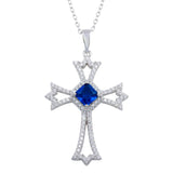 Sterling Silver Rhodium Plated Blue CZ Center Open CZ Cross Necklace