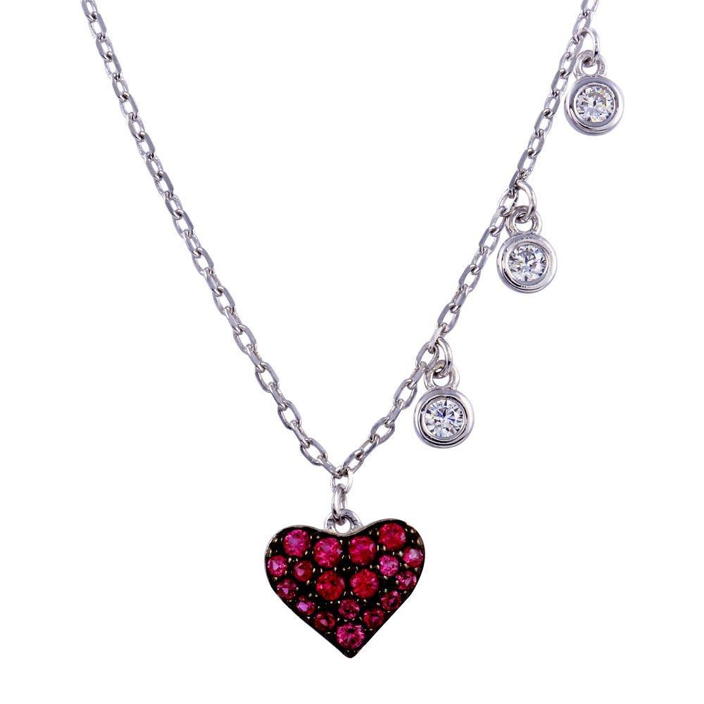 Sterling Silver Rhodium Plated Dark Pink CZ Heart Necklace - silverdepot