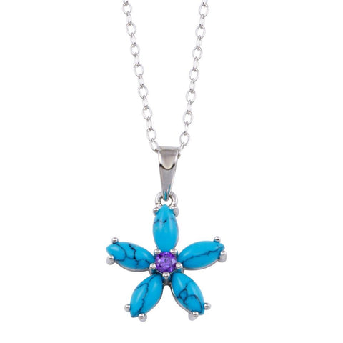 Sterling Silver Rhodium Plated Turquoise Flower and Purple CZ Necklace
