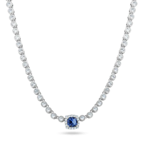 Sterling Silver Rhodium Plated Bubble Tennis CZ Blue Center Stone Necklace
