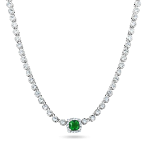 Sterling Silver Rhodium Plated Bubble Tennis CZ Green Center Stone Necklace