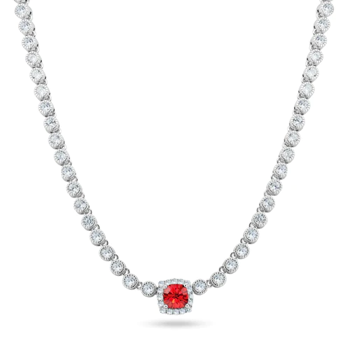 Sterling Silver Rhodium Plated Bubble Tennis CZ Red Center Stone Necklace