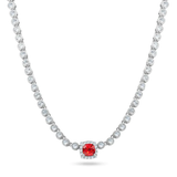 Sterling Silver Rhodium Plated Bubble Tennis CZ Red Center Stone Necklace