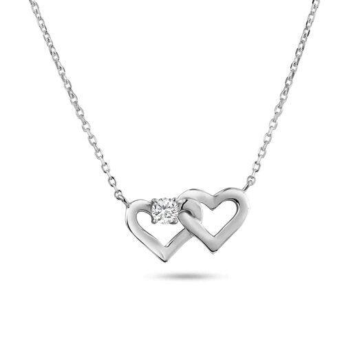 Sterling Silver Rhodium Plated Twin Hearts Clear CZ Pendant Necklace