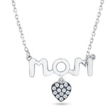 Sterling Silver Rhodium Plated Mom Danging Heart CZ Necklace