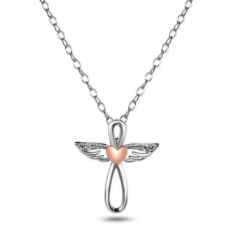 Sterling Silver Rhodium Plated CZ Rose Gold Plated Heart Angel Necklace Chain Length-16+2inch, Pendant Dimensions-13.3mmx14.2mm
