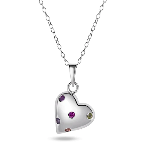 Sterling Silver Rhodium Plated Multi Color CZ Heart Necklace Dimensions-12mmx14mm, Chain Length-16+2inch