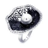 Sterling Silver Two-Toned Wide Leaf Design Inlaid with Clear Czs and Centered White Pearl Ring