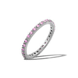 Sterling Silver Rhodium Plated Birthstone Inlay October Month Eternity Ring With Pink CZ StonesAnd Width 2mm