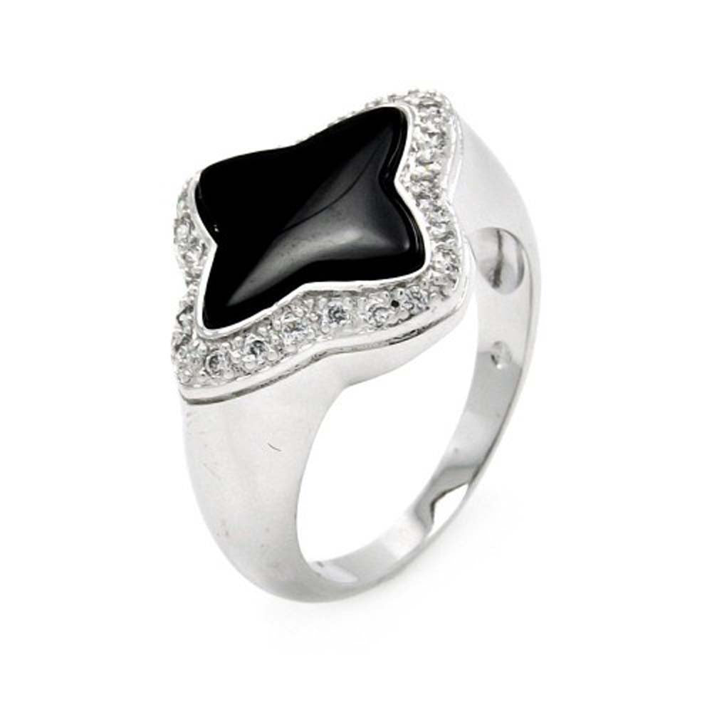Sterling Silver Fancy Black Onyx Design Inlaid with Clear Czs RingAnd Ring Dimensions of 16.8MMx20.5MM