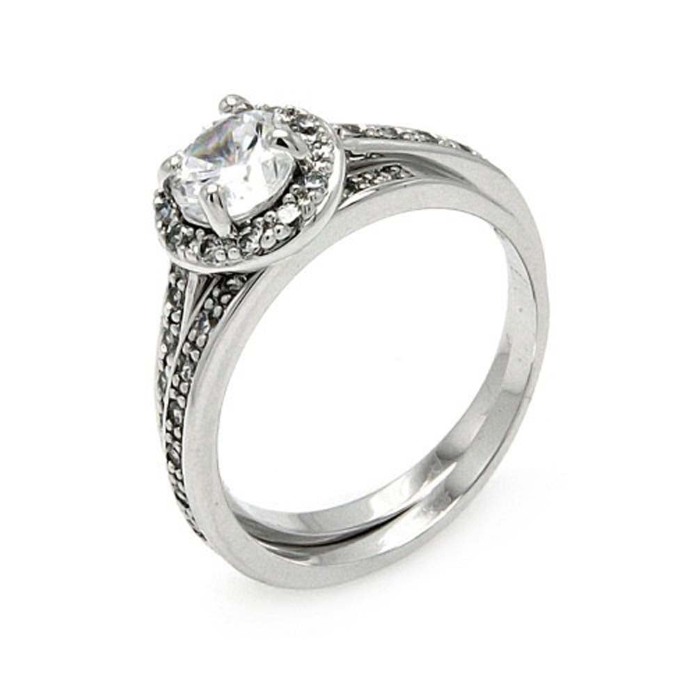 Sterling Silver Classy 2 Pieces Engagement Ring with Centered Solitaire Round Cut Clear Cz with Paved Halo Setting