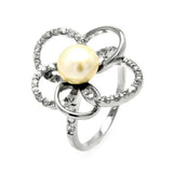 Sterling Silver Fancy Open Flower Design Inlaid with Clear Czs with Centered Pearl RingAnd Ring Dimensions of 22MMx10MM