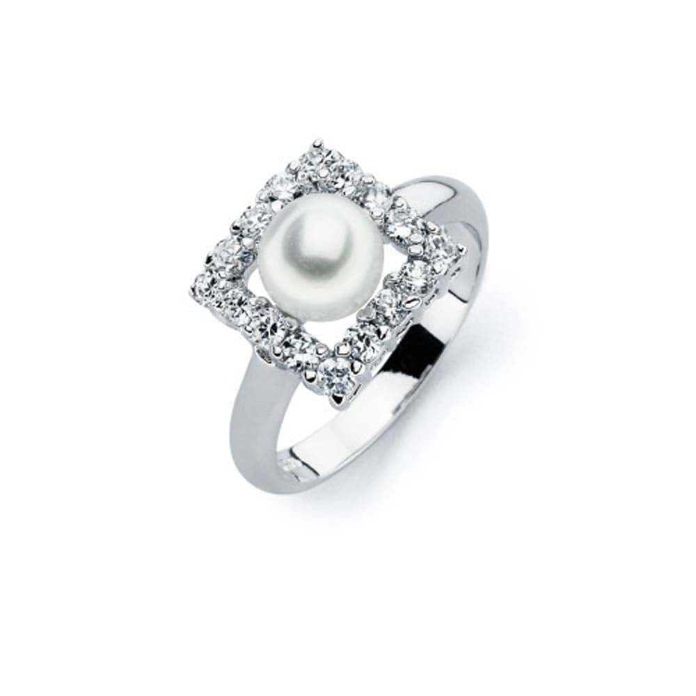 Sterling Silver Fancy Paved Square Shaped Design with Centered White Pearl Ring