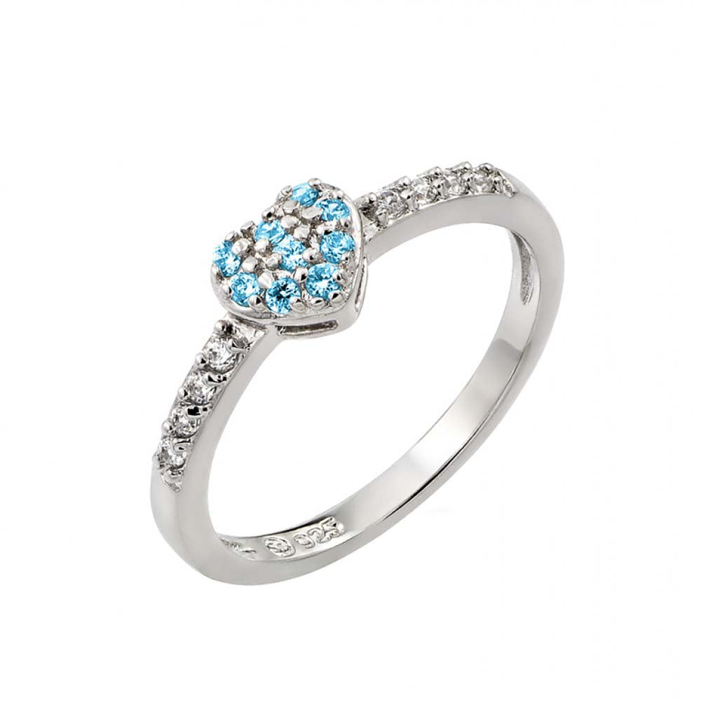 Sterling Silver Rhodium Plated Blue Inlay CZ Birthstone Heart Ring