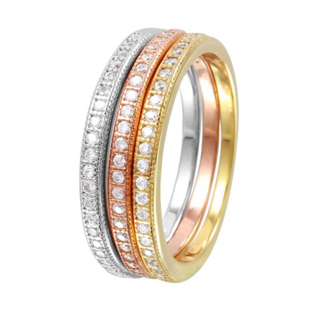 Sterling Silver Rhodium Plated Tri Color Round Stackable Eternity Ring