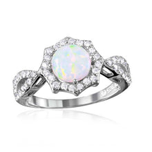 Load image into Gallery viewer, Sterling Silver Rhodium Plated Synthetic Opal Halo CZ Ring