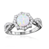 Sterling Silver Rhodium Plated Synthetic Opal Halo CZ Ring