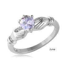 Load image into Gallery viewer, Sterling Silver June Rhodium Plated CZ Center Birthstone Claddagh Ring