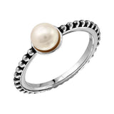Sterling Silver Rhodium Plated  Beaded Shank Fresh Water Center Pearl Ring