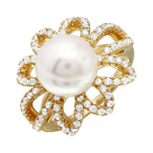Load image into Gallery viewer, Sterling Silver Gold Plated Flower Shaped Ladies Ring With Synthetic Center Pearl And Clear CZ