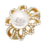 Sterling Silver Gold Plated Flower Shaped Ladies Ring With Synthetic Center Pearl And Clear CZ