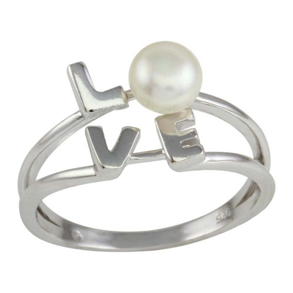 Sterling Silver Rhodium Plated Love Word Ring with Synthetic Pearl