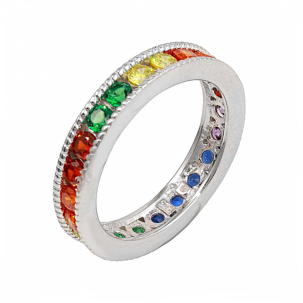 Sterling Silver Rhodium Plated Rainbow CZ Eternity Ring