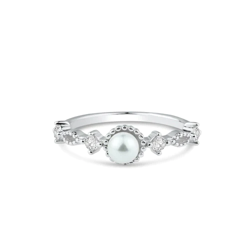 Sterling Silver Rhodium Plated Synthetic Pearl Center Clear CZ Ring