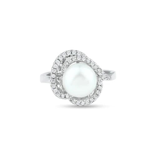 Sterling Silver Rhodium Plated White Pearl and Clear CZ Ring