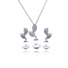 Load image into Gallery viewer, Sterling Silver Pearl Sprout Clear CZ Hanging Stud Earring and Hanging Necklace Set With CZ  Stones