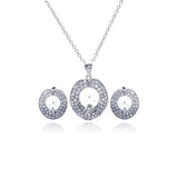 Sterling Silver Rhodium Plated Pearl Round Disc Clear Pave Set CZ Stud Earring and Necklace Set With CZ  Stones