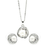 Sterling Silver Rhodium Plated Clear Baguette CZ Pearl Center Stud Earring and Necklace Set With CZ  Stones