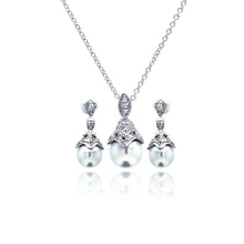 Load image into Gallery viewer, Sterling Silver Rhodium Plated Pearl Drop Clear CZ Dangling Stud Earring and Necklace Set With CZ  Stones