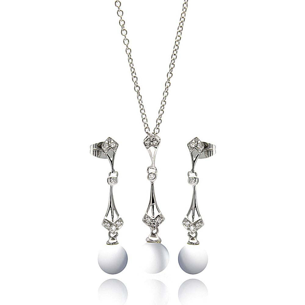 Sterling Silver Rhodium Plated Pearl Drop Clear CZ Dangling Stud Earring and Dangling Necklace Set With CZ  Stones