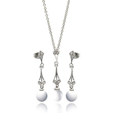 Load image into Gallery viewer, Sterling Silver Rhodium Plated Pearl Drop Clear CZ Dangling Stud Earring and Dangling Necklace Set With CZ  Stones