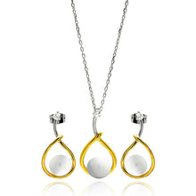 Load image into Gallery viewer, Sterling Silver Rhodium and Gold Plated Overlap Open Teardrop Pearl Clear CZ Hanging Stud Earring and Necklace Set With CZ  Stones