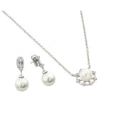 Sterling Silver Rhodium Plated Pearl Drop Clear CZ Hanging Stud Earring and Necklace Set With CZ  Stones