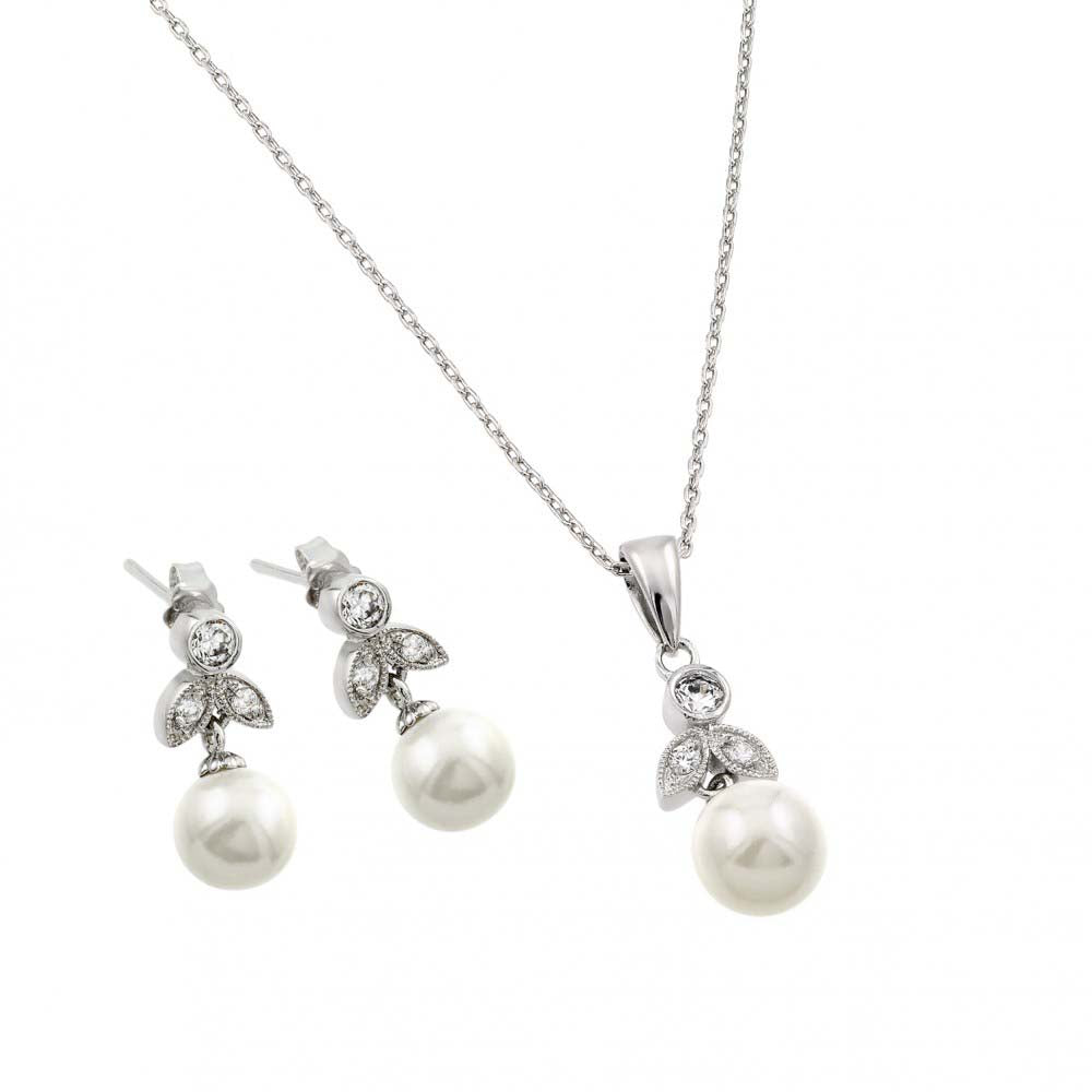 Sterling Silver Rhodium Plated Pearl Flower Set With CZ  Stones