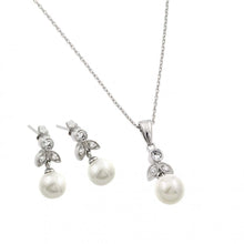 Load image into Gallery viewer, Sterling Silver Rhodium Plated Pearl Flower Set With CZ  Stones