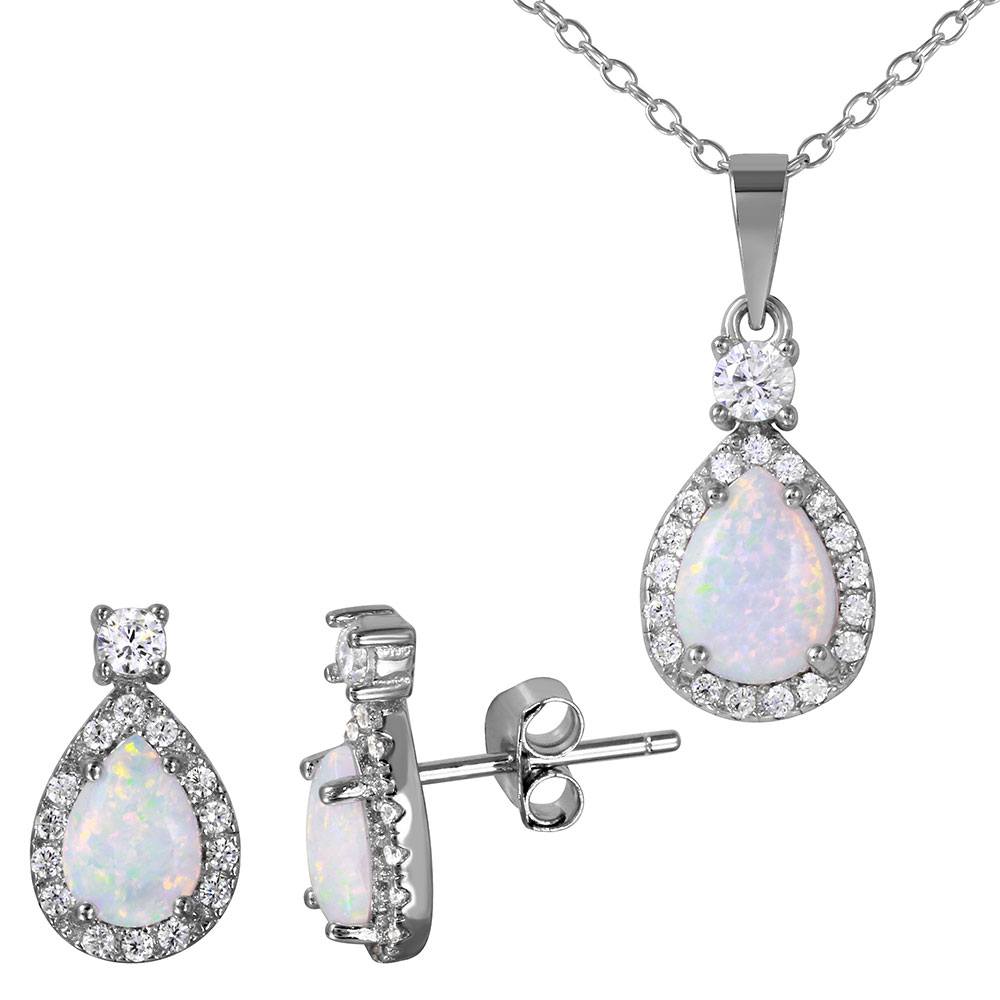 Sterling Silver Rhodium Plated Halo Teardrop Set With Synthetic Opal And CZ