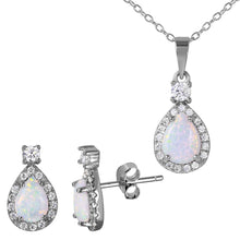 Load image into Gallery viewer, Sterling Silver Rhodium Plated Halo Teardrop Set With Synthetic Opal And CZ