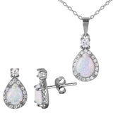 Sterling Silver Rhodium Plated Halo Teardrop Set With Synthetic Opal And CZ