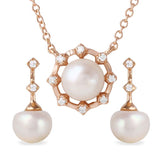 Sterling Silver Wholesale Sterling Silver 925 Rose Gold Plated Fresh Water Pearl Set With CZ  Stones